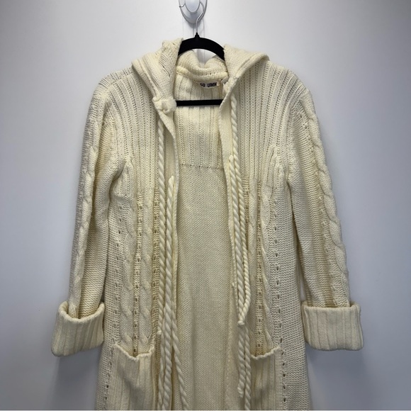 Vintage Co1umn Long Hooded Cable Knit Cream Cardigan Sweater - Picture 3 of 16